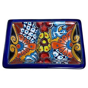 Talavera Mexican Folk Art Pottery 2 Section Serving Dish Cobalt Blue